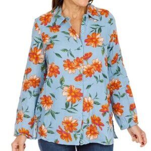 A Love Story Blue and Orange Tropical Daisy Print Button Down Shirt in Size XL